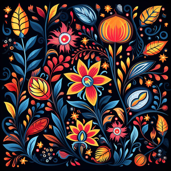 mexican floral, vibrant colors, orange flowers, blue leaves, red petals, yellow blooms, black background, folk art, decorative motifs, swirling vines, botanical pattern,, fabric panel, fiesta colors, ornamental design, floral abundance, warm tones, cool blues, artistic florals, festive pattern