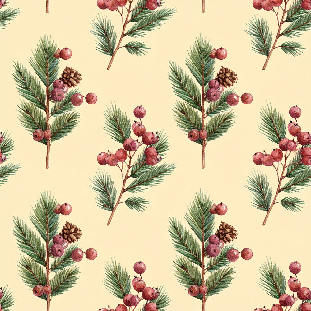 cream background, dusty rose, mauve, burgundy, forest green, sage green, botanical, floral, nature, vintage, traditional, elegant, evergreen branches, berries, pinecones, holiday, christmas, winter, autumn, botanical illustration, naturalistic, woodland, festive, seasonal, home decor, upholstery, timeless, classic botanical