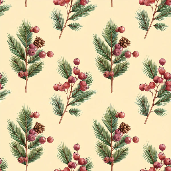 cream background, dusty rose, mauve, burgundy, forest green, sage green, botanical, floral, nature, vintage, traditional, elegant, evergreen branches, berries, pinecones, holiday, christmas, winter, autumn, botanical illustration, naturalistic, woodland, festive, seasonal, home decor, upholstery, timeless, classic botanical