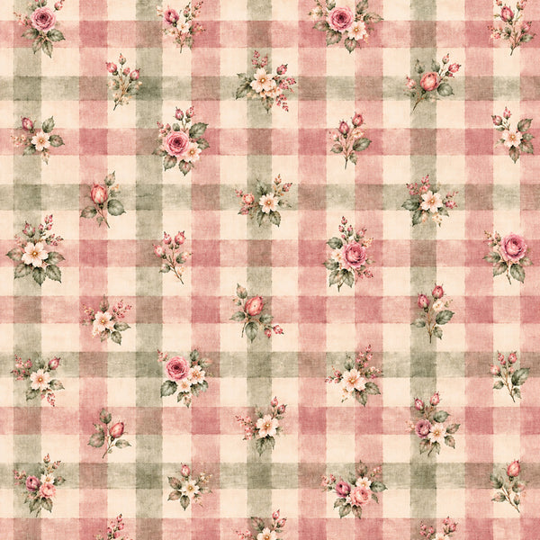 dusty rose, sage green, cream, gingham check, floral, vintage, cottage core, romantic, elegant, traditional, roses, daisies, botanical, spring, garden, shabby chic, french country, pastel, soft, delicate, nature-inspired, timeless, classic, baby girl, nursery, homestead, farmhouse aesthetic, gentle, feminine