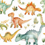 watercolor dinosaurs, prehistoric creatures, stegosaurus, brontosaurus, triceratops, green dinosaurs, orange dinosaurs, yellow dinosaurs, botanical leaves, fern patterns,, fabric panel, children's fabric, nursery theme, soft pastels, hand-painted style, repeating pattern, cute dinosaurs, jungle foliage