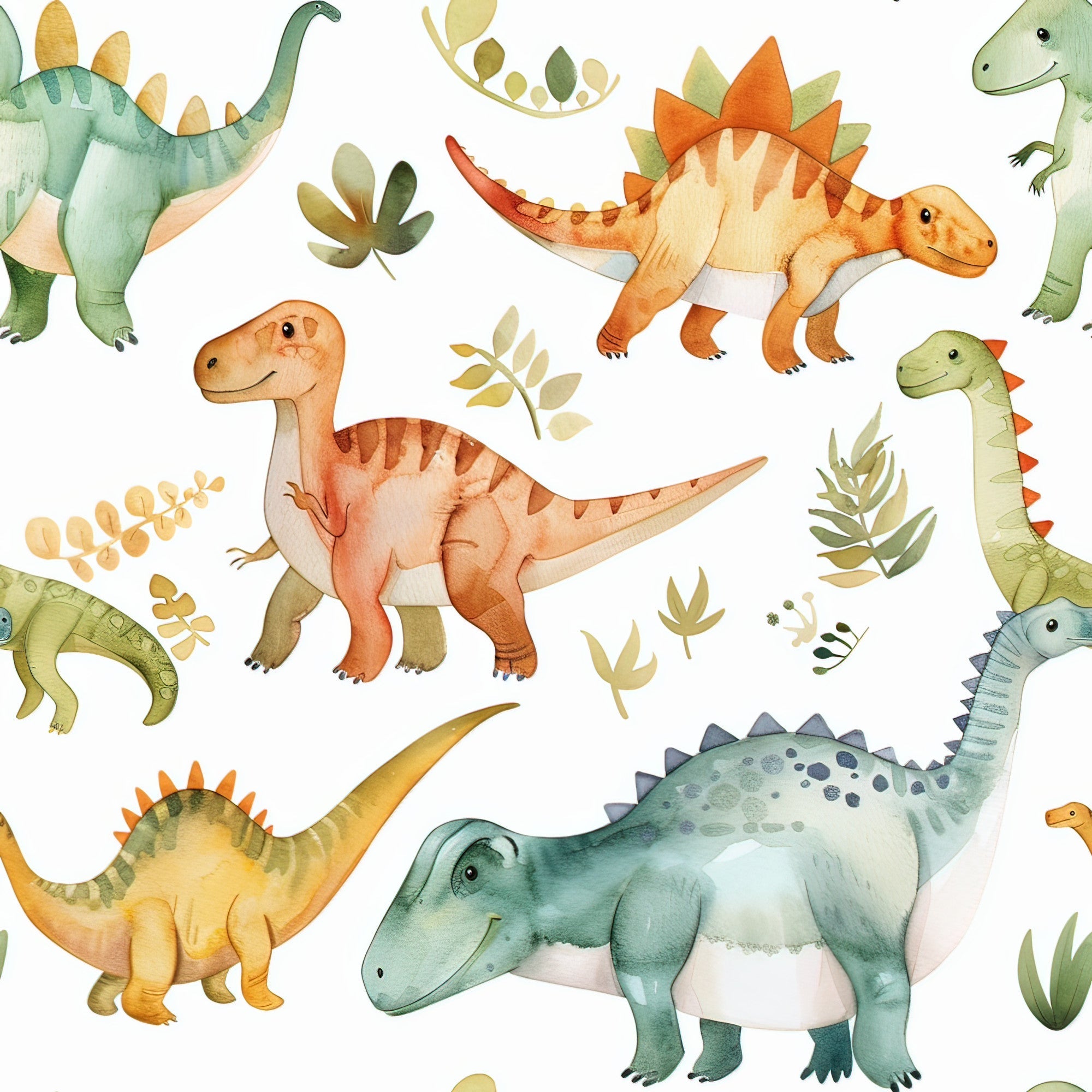 watercolor dinosaurs, prehistoric creatures, stegosaurus, brontosaurus, triceratops, green dinosaurs, orange dinosaurs, yellow dinosaurs, botanical leaves, fern patterns,, fabric panel, children's fabric, nursery theme, soft pastels, hand-painted style, repeating pattern, cute dinosaurs, jungle foliage