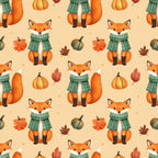 autumn fox, cozy animals, cream background, forest green, fall leaves, fall pumpkins, gingham plaid, halloween, kids room, maple leaves, nature theme, orange fox, pumpkin patch, rust orange, rustic style, sage green, seasonal, tan background, whimsical animals, woodland creatures, woodland theme, autumnal colors, cute animals, festive fall, gourds, plaid scarf, playroom, warm tones