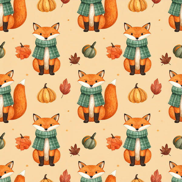autumn fox, cozy animals, cream background, forest green, fall leaves, fall pumpkins, gingham plaid, halloween, kids room, maple leaves, nature theme, orange fox, pumpkin patch, rust orange, rustic style, sage green, seasonal, tan background, whimsical animals, woodland creatures, woodland theme, autumnal colors, cute animals, festive fall, gourds, plaid scarf, playroom, warm tones