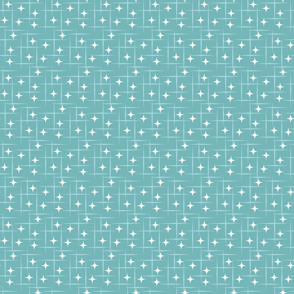 turquoise, teal, white, atomic starburst, mid-century modern, retro pattern, geometric stars, diamond shapes, repeating motif, grid layout, sparkle design, vintage style,, fabric panel, crafting material, nostalgic feel, 1950s inspired, celestial motifs, decorative stars