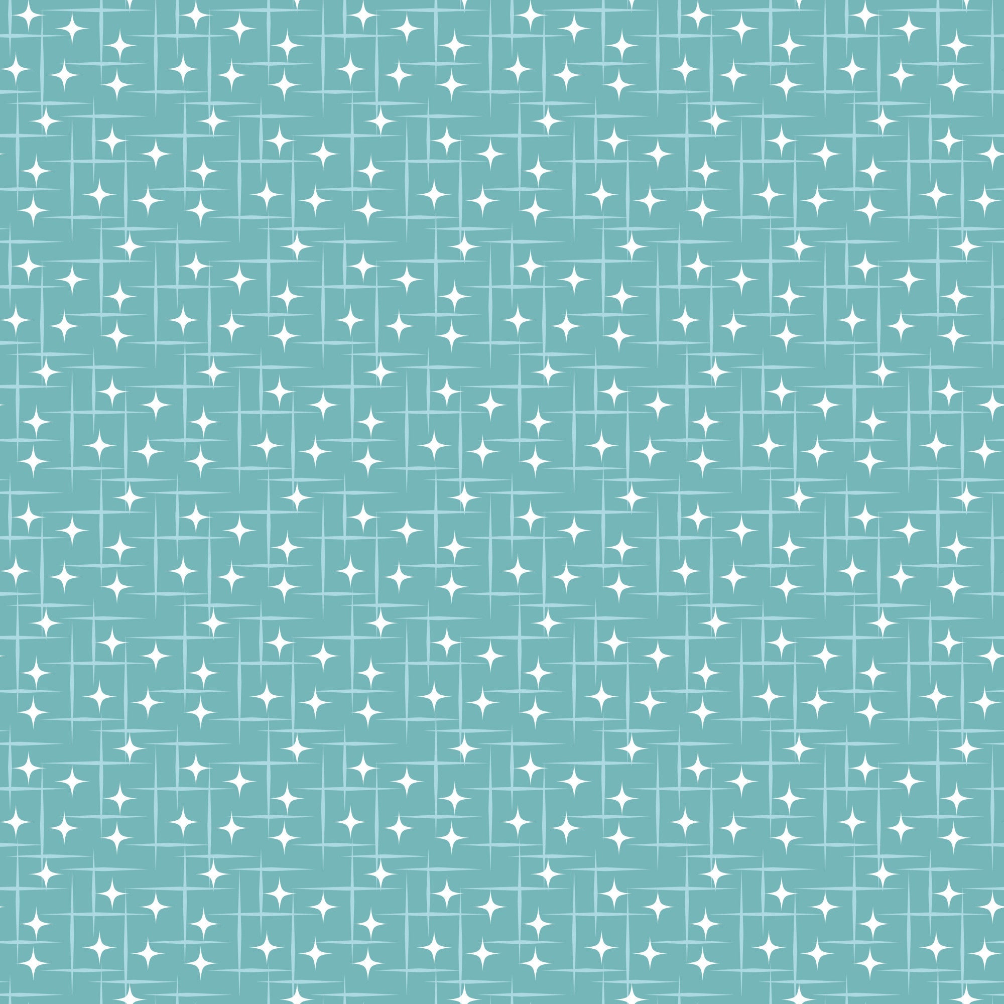 turquoise, teal, white, atomic starburst, mid-century modern, retro pattern, geometric stars, diamond shapes, repeating motif, grid layout, sparkle design, vintage style,, fabric panel, crafting material, nostalgic feel, 1950s inspired, celestial motifs, decorative stars