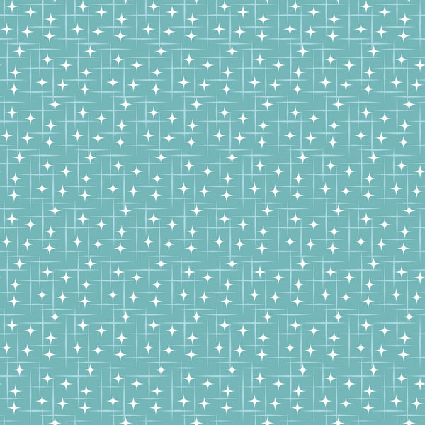 turquoise, teal, white, atomic starburst, mid-century modern, retro pattern, geometric stars, diamond shapes, repeating motif, grid layout, sparkle design, vintage style,, fabric panel, crafting material, nostalgic feel, 1950s inspired, celestial motifs, decorative stars