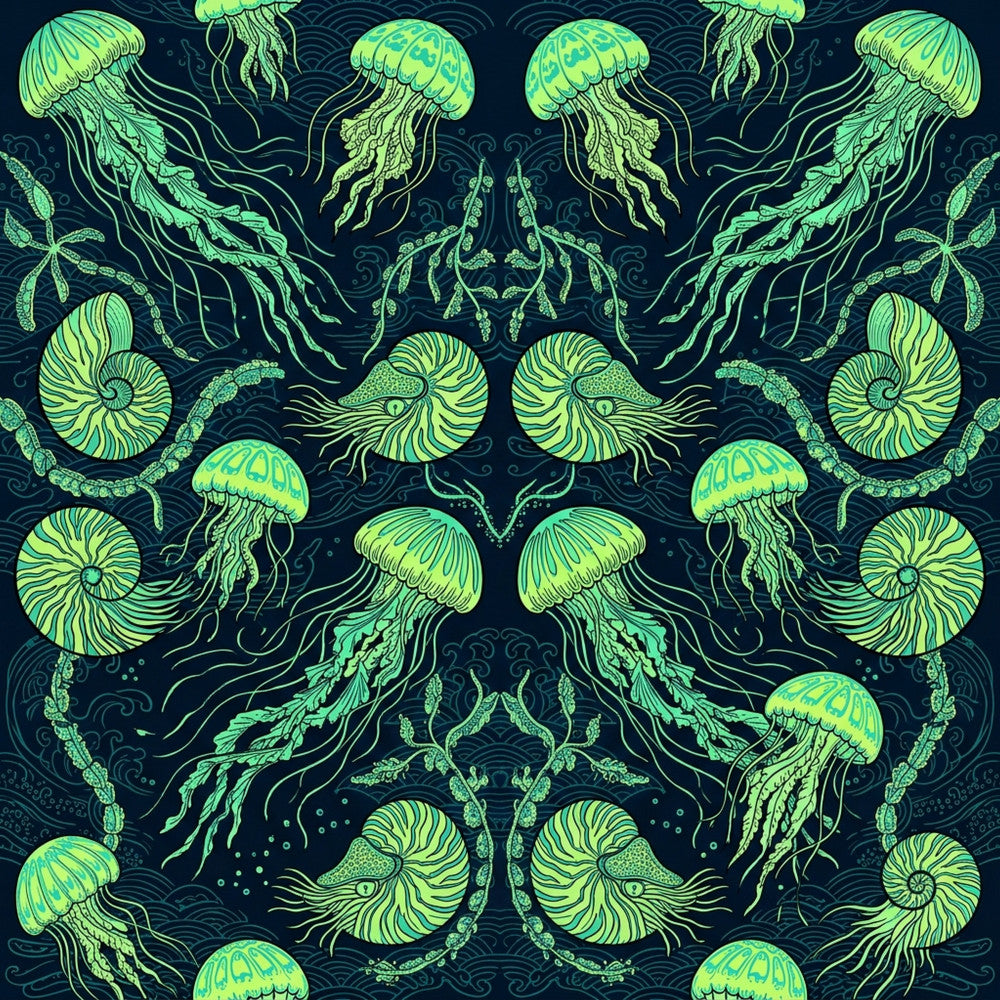 navy blue background, neon green, lime green, cyan blue, glow in the dark, jellyfish, nautical, ocean, sea creatures, marine life, bioluminescent, glowing, underwater, deep sea, modern, whimsical, celestial, mystical, ammonite, seashell, tentacles, flowing, symmetrical, intricate detail, cosmic, darkly whimsical, kids room, playroom, adventure theme, nature inspired