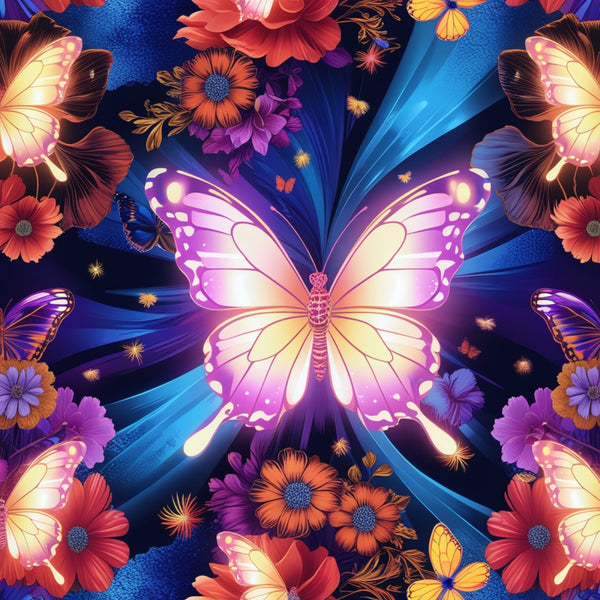 fantasy butterflies,, fabric panel, vibrant purple, electric blue, coral pink, orange flowers, luminous wings, radial sunburst, floral motifs, magical glow, ethereal design, nature inspired, bright colors, decorative butterflies, fantasy art, digital print, cotton fabric, whimsical pattern, enchanted garden