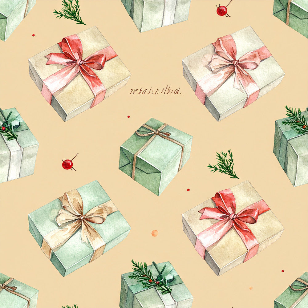cream, sage green, dusty rose, coral pink, red berries, gift boxes, presents, holiday, christmas, festive, wrapped gifts, bows, ribbons, evergreen branches, rosemary sprigs, botanical, elegant, whimsical, vintage, traditional, seasonal, winter, gift giving, celebration, decorative, nature-inspired, warm tones, neutral palette