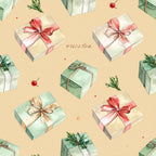 cream, sage green, dusty rose, coral pink, red berries, gift boxes, presents, holiday, christmas, festive, wrapped gifts, bows, ribbons, evergreen branches, rosemary sprigs, botanical, elegant, whimsical, vintage, traditional, seasonal, winter, gift giving, celebration, decorative, nature-inspired, warm tones, neutral palette