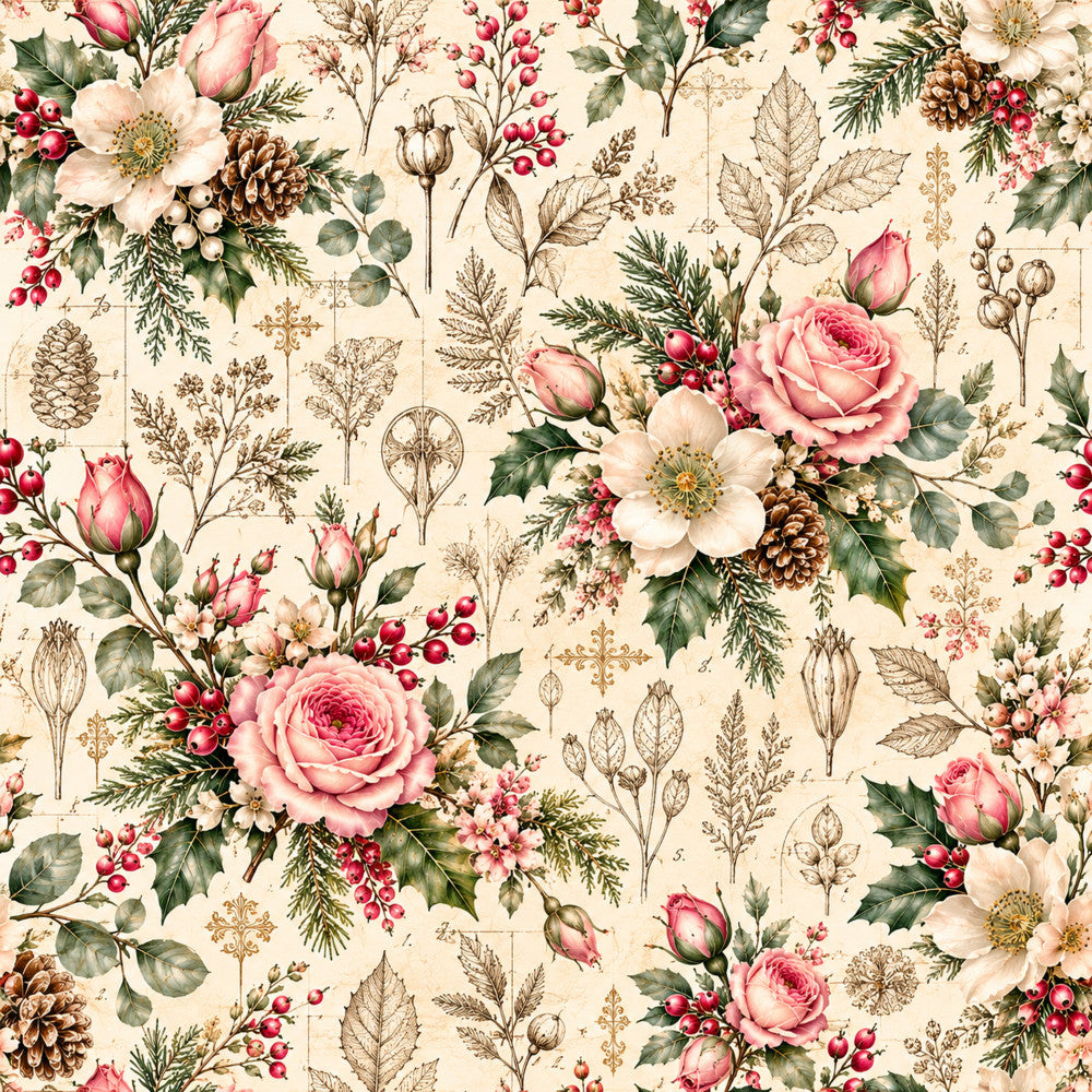 cream floral, dusty rose, blush pink, sage green, vintage botanical, traditional, elegant, romantic, nature-inspired, roses, pine cones, berries, wildflowers, leaves, botanical illustration, garden, spring, winter, holiday, cottage core, farmhouse, classic, timeless, botanical prints, red berries, anemone, tulips, evergreen branches, botanical art, antique