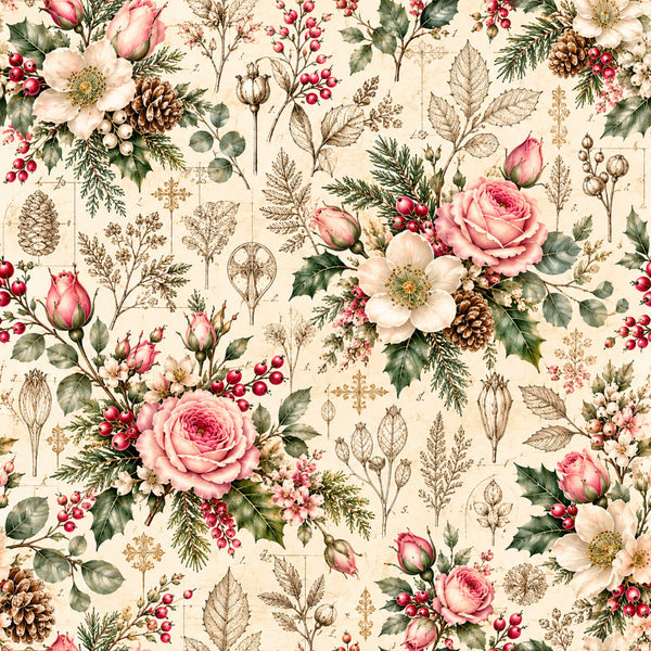 cream floral, dusty rose, blush pink, sage green, vintage botanical, traditional, elegant, romantic, nature-inspired, roses, pine cones, berries, wildflowers, leaves, botanical illustration, garden, spring, winter, holiday, cottage core, farmhouse, classic, timeless, botanical prints, red berries, anemone, tulips, evergreen branches, botanical art, antique