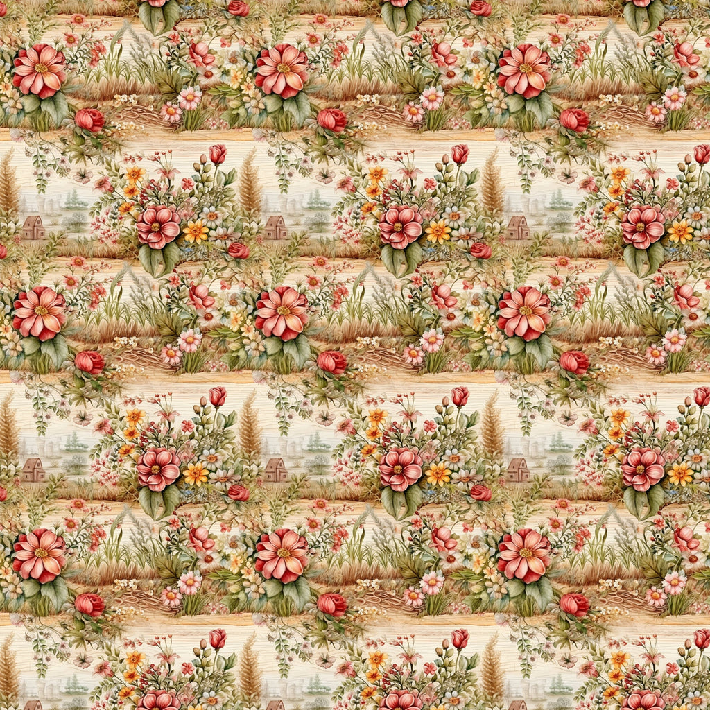pink flowers, coral blooms, green foliage, cream background, floral pattern, cottage garden, roses, daisies, pastoral scene, countryside landscape, vintage style, romantic florals,, fabric panel, botanical design, soft pastels, garden motif, repeating pattern, english garden, whimsical illustration