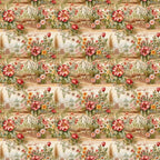 pink flowers, coral blooms, green foliage, cream background, floral pattern, cottage garden, roses, daisies, pastoral scene, countryside landscape, vintage style, romantic florals,, fabric panel, botanical design, soft pastels, garden motif, repeating pattern, english garden, whimsical illustration