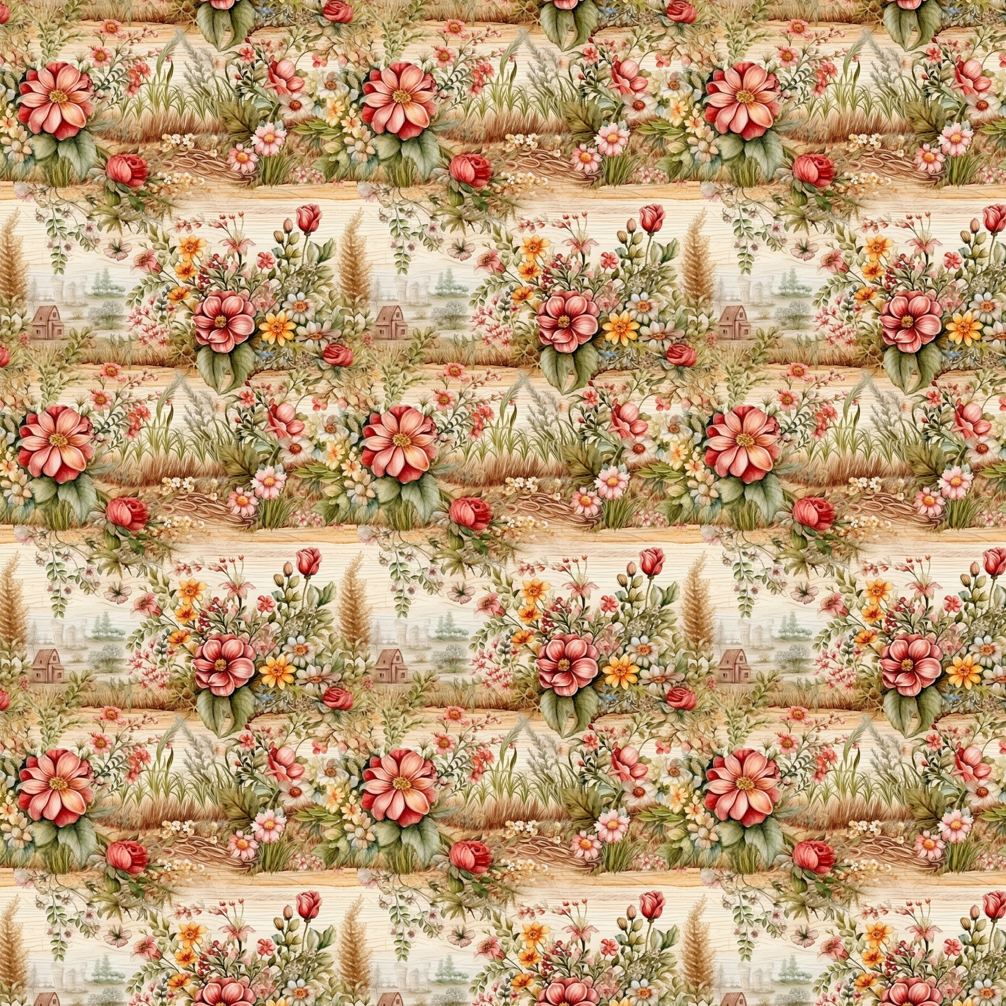 pink flowers, coral blooms, green foliage, cream background, floral pattern, cottage garden, roses, daisies, pastoral scene, countryside landscape, vintage style, romantic florals,, fabric panel, botanical design, soft pastels, garden motif, repeating pattern, english garden, whimsical illustration