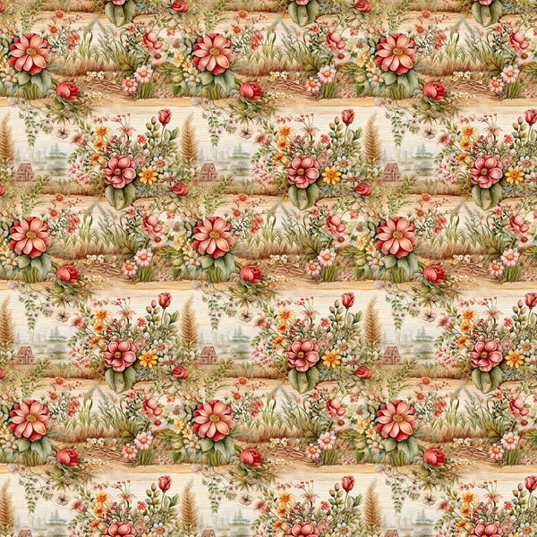 pink flowers, coral blooms, green foliage, cream background, floral pattern, cottage garden, roses, daisies, pastoral scene, countryside landscape, vintage style, romantic florals,, fabric panel, botanical design, soft pastels, garden motif, repeating pattern, english garden, whimsical illustration