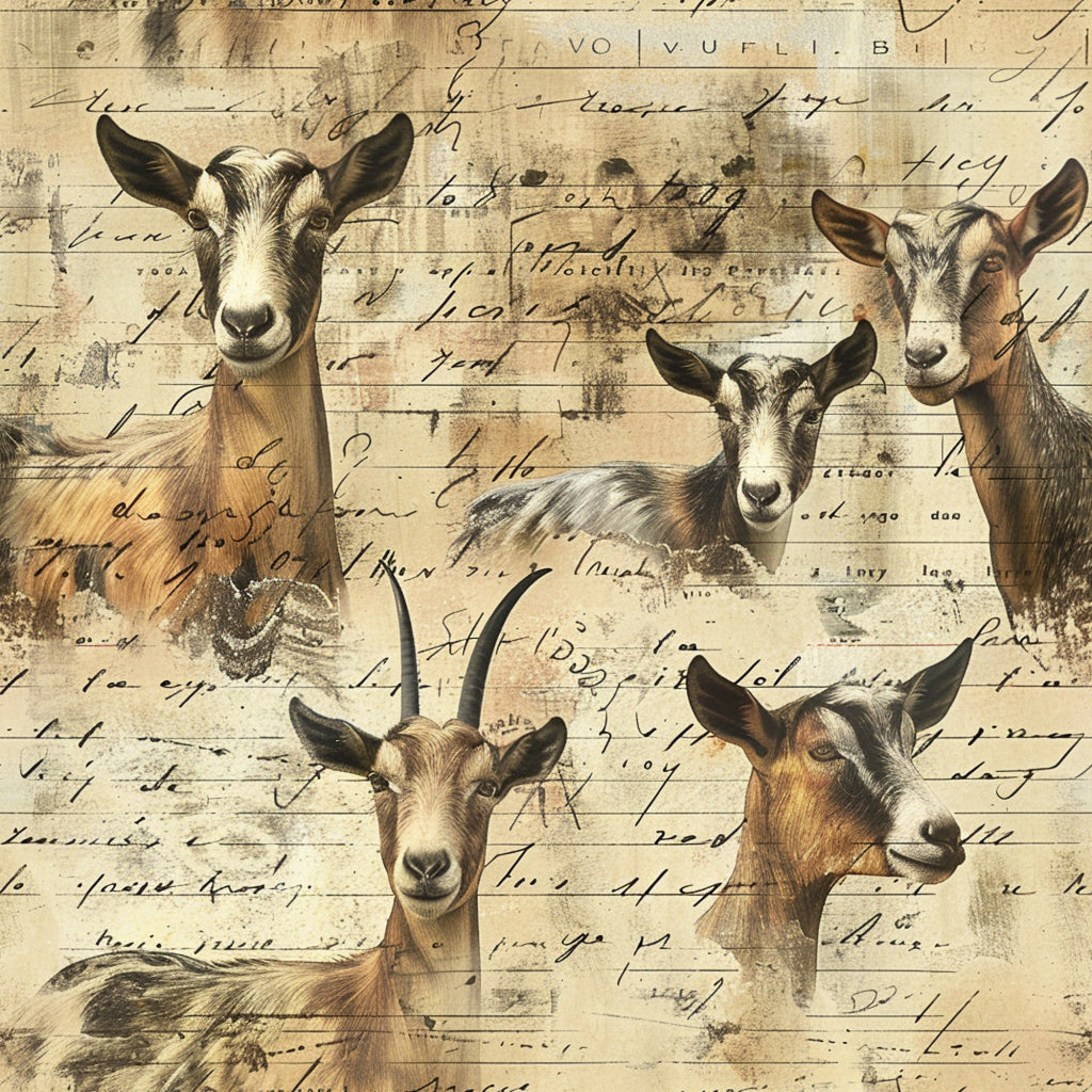 beige, tan, brown, cream, goats, farm animals, vintage handwriting, script text, rustic, country style, pastoral,, fabric panel, antique paper, sepia tones, livestock, farmhouse, aged parchment, animal portraits, rural theme