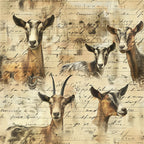 beige, tan, brown, cream, goats, farm animals, vintage handwriting, script text, rustic, country style, pastoral,, fabric panel, antique paper, sepia tones, livestock, farmhouse, aged parchment, animal portraits, rural theme