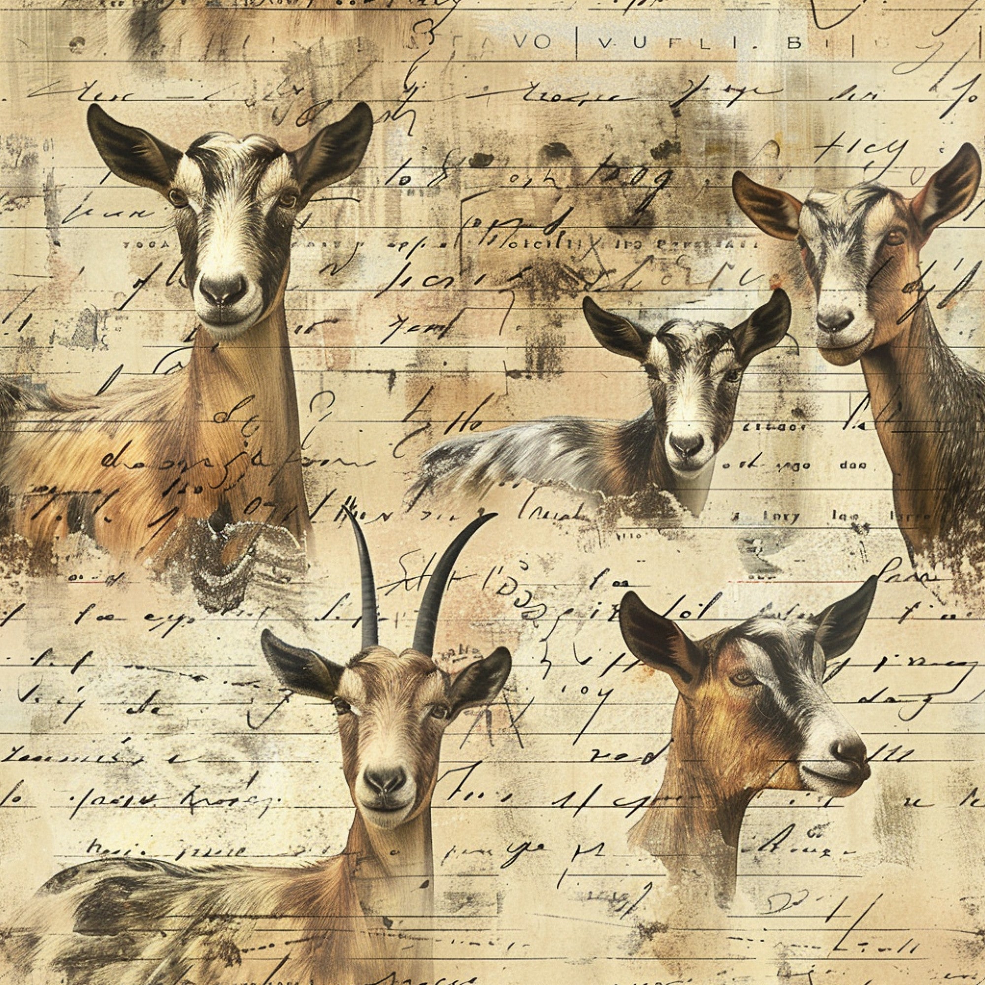 beige, tan, brown, cream, goats, farm animals, vintage handwriting, script text, rustic, country style, pastoral,, fabric panel, antique paper, sepia tones, livestock, farmhouse, aged parchment, animal portraits, rural theme