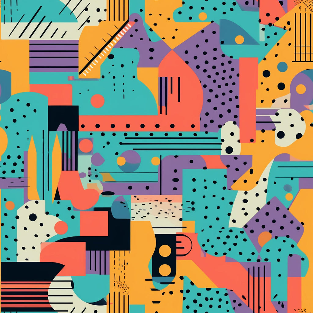 turquoise, orange, purple, coral, geometric shapes, abstract pattern, polka dots, stripes, overlapping forms, modern art style, retro design, groovy aesthetic, boho pattern, hippie motif,, fabric panel, vibrant colors, contemporary design, artistic composition, eclectic mix