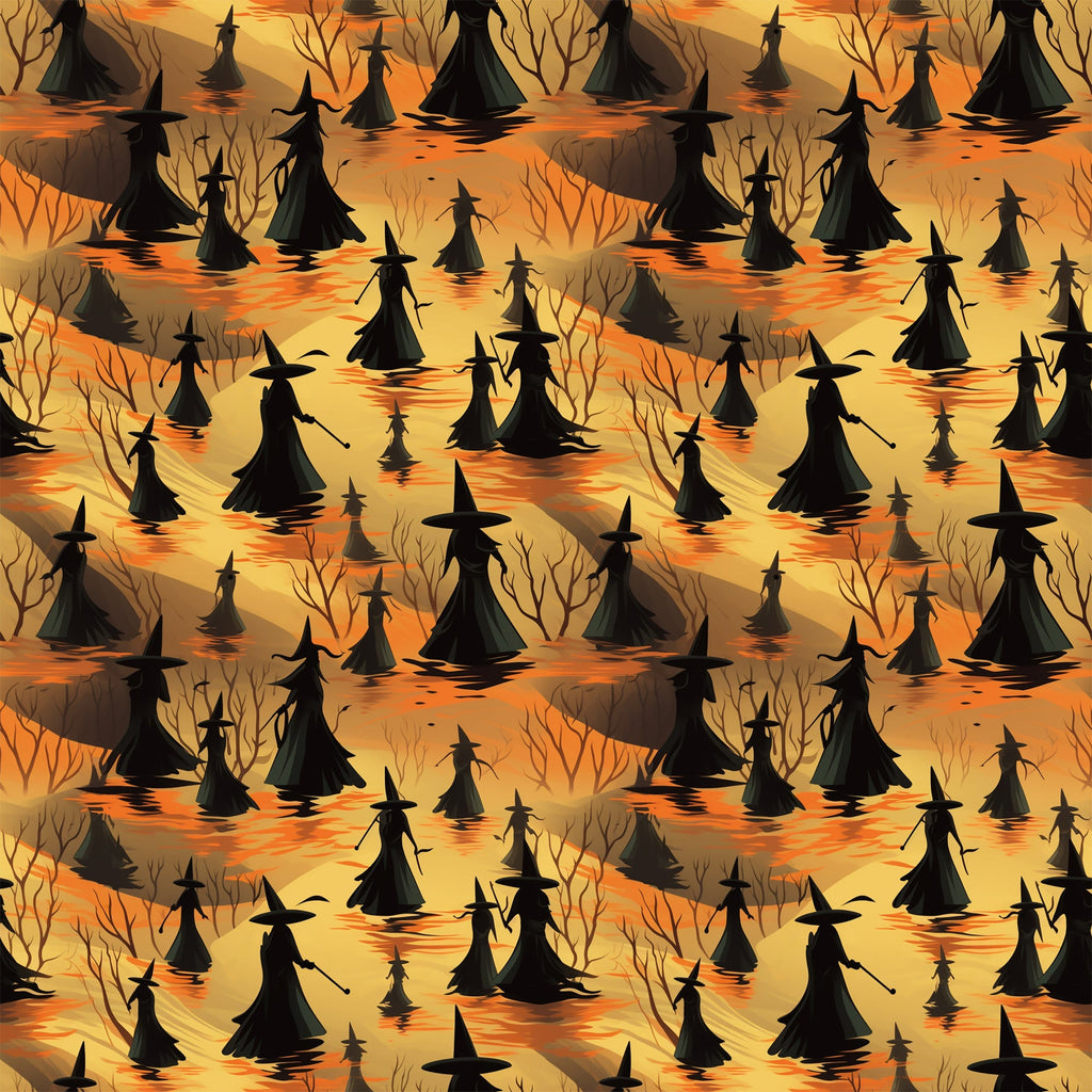 halloween fabric, witches, silhouettes, orange, yellow, amber, black, pointed hats, broomsticks, bare trees, spooky atmosphere, autumn colors, seamless pattern,, fabric panel, witch figures, halloween motif, seasonal fabric, craft material, repetitive design