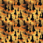 halloween fabric, witches, silhouettes, orange, yellow, amber, black, pointed hats, broomsticks, bare trees, spooky atmosphere, autumn colors, seamless pattern,, fabric panel, witch figures, halloween motif, seasonal fabric, craft material, repetitive design