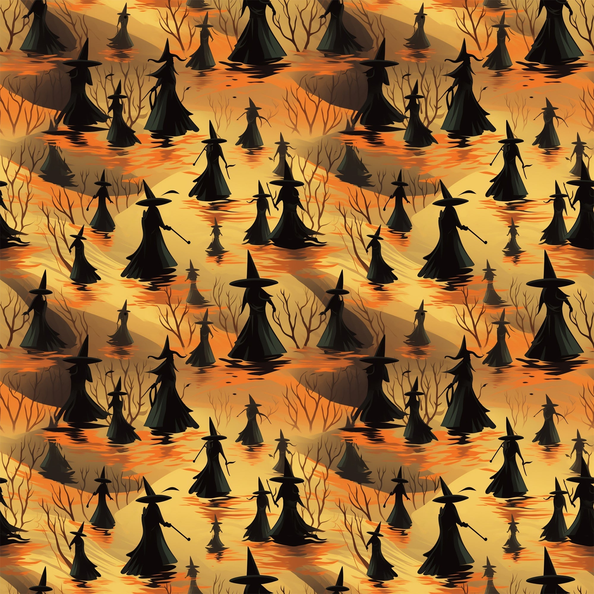 halloween fabric, witches, silhouettes, orange, yellow, amber, black, pointed hats, broomsticks, bare trees, spooky atmosphere, autumn colors, seamless pattern,, fabric panel, witch figures, halloween motif, seasonal fabric, craft material, repetitive design