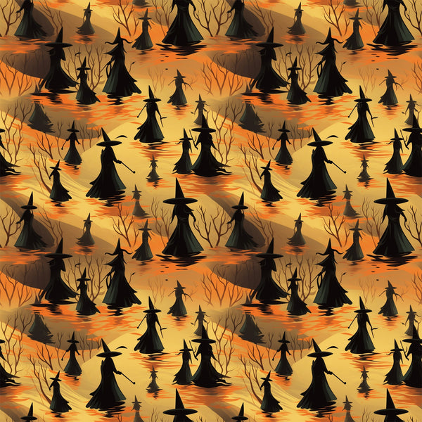 halloween fabric, witches, silhouettes, orange, yellow, amber, black, pointed hats, broomsticks, bare trees, spooky atmosphere, autumn colors, seamless pattern,, fabric panel, witch figures, halloween motif, seasonal fabric, craft material, repetitive design