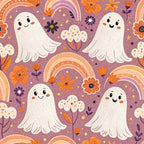 purple background, orange rainbows, white ghosts, cute ghosts, smiling faces, autumn flowers, orange blossoms, retro style, whimsical pattern, halloween fabric,, fabric panel, seasonal design, playful ghosts, floral elements, purple and orange, kawaii style, friendly spirits, decorative rainbows, fall colors