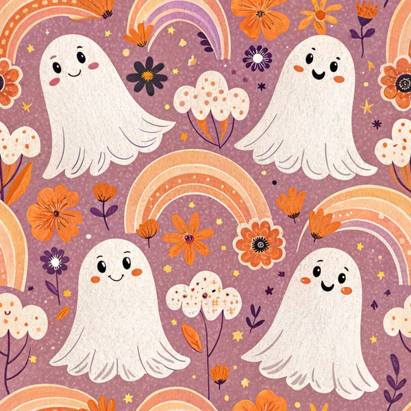 purple background, orange rainbows, white ghosts, cute ghosts, smiling faces, autumn flowers, orange blossoms, retro style, whimsical pattern, halloween fabric,, fabric panel, seasonal design, playful ghosts, floral elements, purple and orange, kawaii style, friendly spirits, decorative rainbows, fall colors