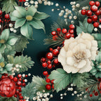 christmas florals,, fabric panel, deep teal, sage green, cream flowers, red berries, white berries, pine needles, evergreen foliage, botanical pattern, holiday botanicals, winter florals, festive colors, seamless design, cotton fabric, quilting material, christmas decor, holiday crafting, floral motifs