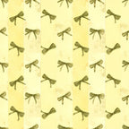 sage green, olive green, pale yellow, cream, butter yellow, bows, ribbons, striped, vintage, elegant, feminine, classic, traditional, nursery, baby girl, spring, delicate, botanical inspired, gift wrap aesthetic, cottage core, romantic, shabby chic, timeless, decorative bows, repeat pattern, soft palette, refined, heirloom quality
