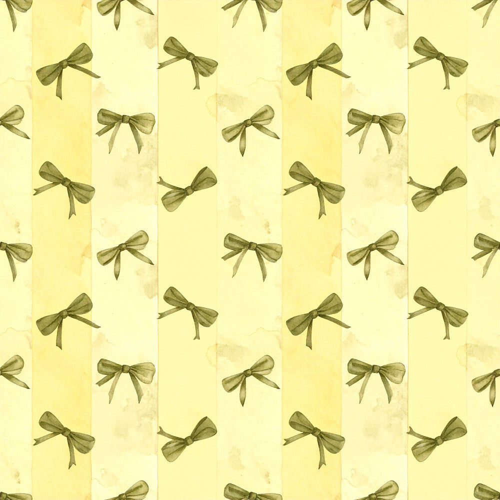 sage green, olive green, pale yellow, cream, butter yellow, bows, ribbons, striped, vintage, elegant, feminine, classic, traditional, nursery, baby girl, spring, delicate, botanical inspired, gift wrap aesthetic, cottage core, romantic, shabby chic, timeless, decorative bows, repeat pattern, soft palette, refined, heirloom quality