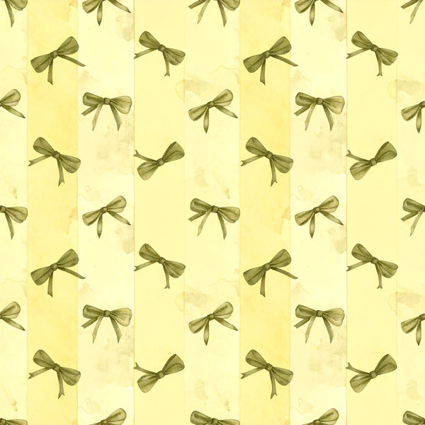 sage green, olive green, pale yellow, cream, butter yellow, bows, ribbons, striped, vintage, elegant, feminine, classic, traditional, nursery, baby girl, spring, delicate, botanical inspired, gift wrap aesthetic, cottage core, romantic, shabby chic, timeless, decorative bows, repeat pattern, soft palette, refined, heirloom quality