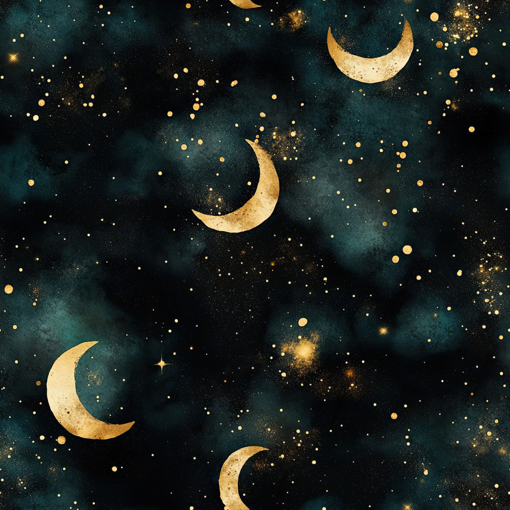 celestial, night sky, teal, dark teal, gold, golden yellow, cream, stars, crescent moon, moons, sparkles, glitter, whimsical, dreamy, magical, nighttime, astronomy, moon phase, starry night, elegant, modern, nursery, baby room, kids room, sweet dreams, peaceful, calming, enchanted, fantasy, moonlight