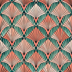 coral pink, teal green, cream beige, fan motifs, geometric pattern, art deco style, radiating lines, chevron shapes, repetitive design, vintage inspired, cotton fabric, quilting panel, scalloped edges, symmetrical layout, retro aesthetic, decorative fans, angular geometry