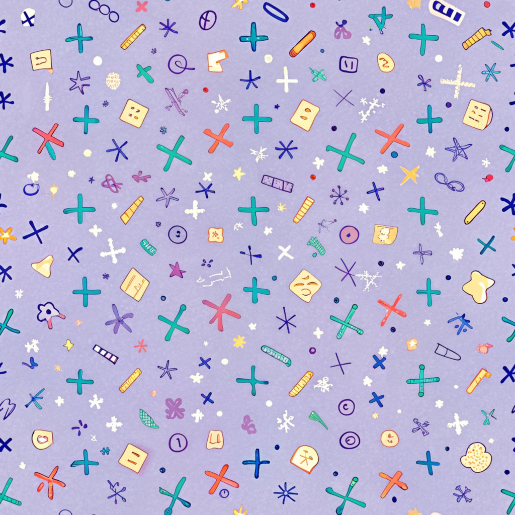 purple background, school supplies, mathematical symbols, plus signs, crosses, colorful icons, scattered pattern, geometric shapes, educational theme,, fabric panel, back to school, whimsical design, multi-colored elements, academic motifs, learning symbols, craft fabric, sewing material, children's fabric, playful pattern