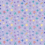 purple background, school supplies, mathematical symbols, plus signs, crosses, colorful icons, scattered pattern, geometric shapes, educational theme,, fabric panel, back to school, whimsical design, multi-colored elements, academic motifs, learning symbols, craft fabric, sewing material, children's fabric, playful pattern
