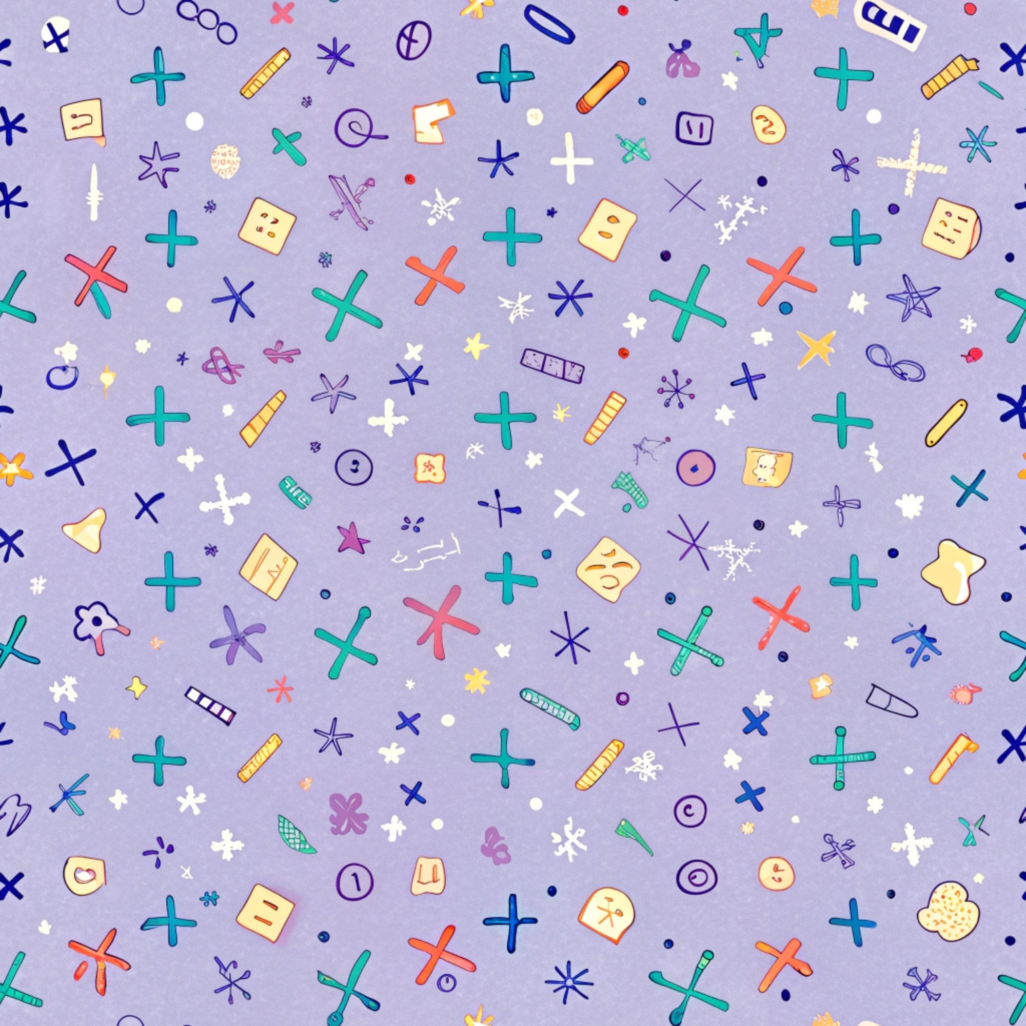 purple background, school supplies, mathematical symbols, plus signs, crosses, colorful icons, scattered pattern, geometric shapes, educational theme,, fabric panel, back to school, whimsical design, multi-colored elements, academic motifs, learning symbols, craft fabric, sewing material, children's fabric, playful pattern