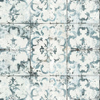 vintage tiles, distressed pattern, blue gray, cream white, ornate flourishes, decorative motifs, weathered texture, farmhouse style,, fabric panel, aged appearance, floral elements, damask design, rustic charm, shabby chic, antique tiles, faded colors, cottage style, vintage blooms
