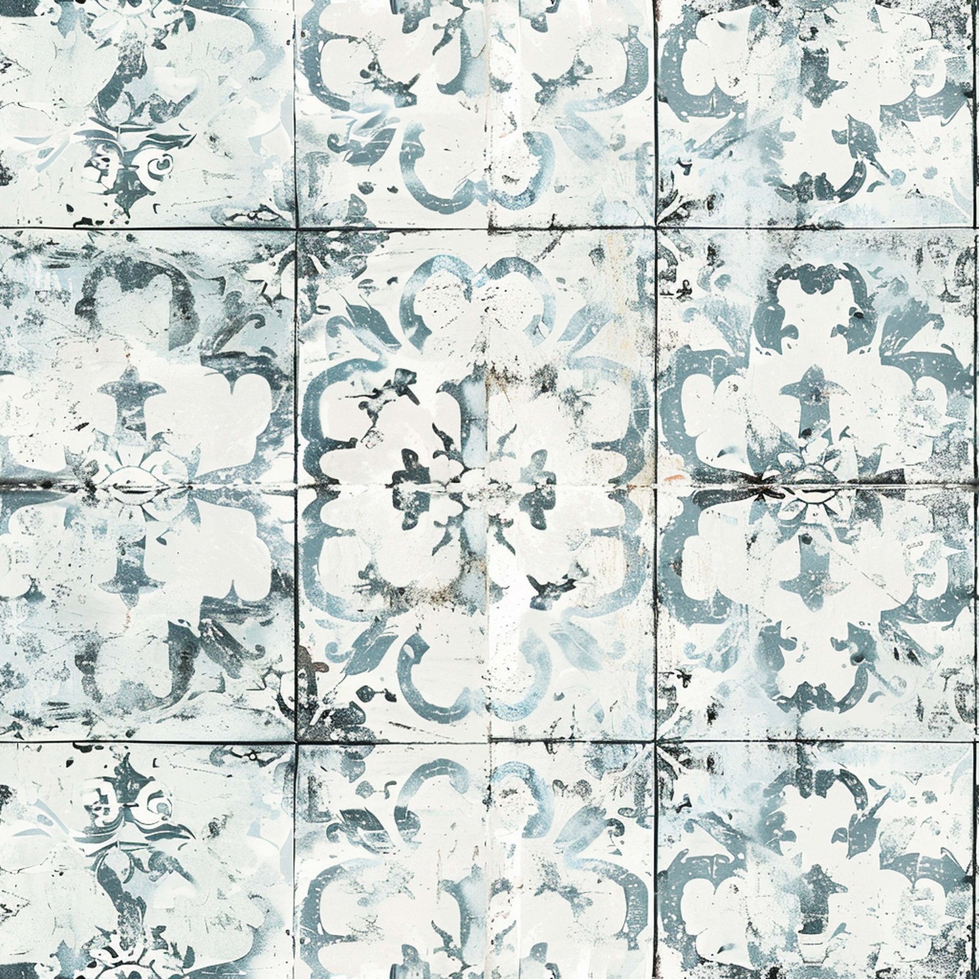 vintage tiles, distressed pattern, blue gray, cream white, ornate flourishes, decorative motifs, weathered texture, farmhouse style,, fabric panel, aged appearance, floral elements, damask design, rustic charm, shabby chic, antique tiles, faded colors, cottage style, vintage blooms