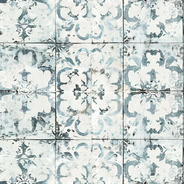 vintage tiles, distressed pattern, blue gray, cream white, ornate flourishes, decorative motifs, weathered texture, farmhouse style,, fabric panel, aged appearance, floral elements, damask design, rustic charm, shabby chic, antique tiles, faded colors, cottage style, vintage blooms