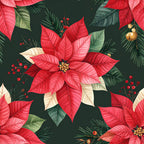 red poinsettia, festive floral, christmas, holiday, dark green background, forest green, cream white, gold accents, berry clusters, evergreen branches, pine needles, traditional, elegant, botanical, nature-inspired, seasonal, winter, festive, red flowers, layered petals, metallic gold, vintage botanical, classic holiday, timeless design, celebration, decorative floral, vibrant red, natural elements, festive decor