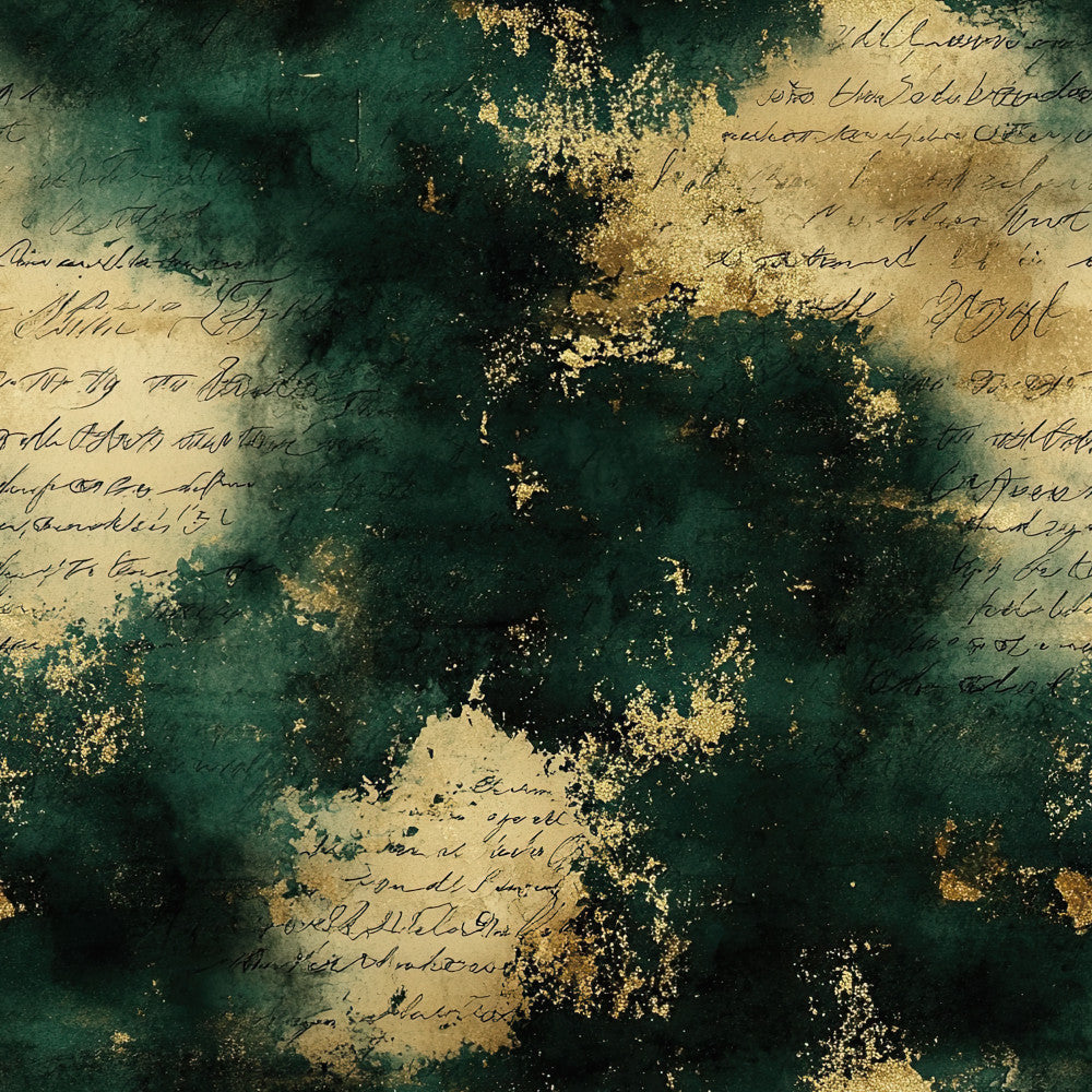 forest green, deep teal, sage green, gold foil, metallic gold, vintage aesthetic, grunge texture, distressed, abstract watercolor, ink splatter, artistic, elegant, moody, literary, manuscript inspired, antique, nostalgic, steampunk, bohemian, modern vintage, cream, beige, aged paper texture, mixed media art, watercolor wash, gilded accents, sophisticated, dark academia, library inspired, classic literature themed