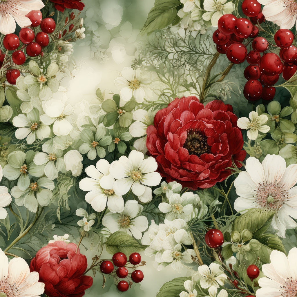 christmas florals, red berries, white flowers, green leaves, crimson red, ivory white, forest green, floral pattern, botanical design, winter blooms,, fabric panel, festive flowers, holiday botanicals, realistic flowers, vintage style, soft lighting, nature motifs, seasonal fabric, cotton fabric