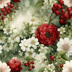 christmas florals, red berries, white flowers, green leaves, crimson red, ivory white, forest green, floral pattern, botanical design, winter blooms,, fabric panel, festive flowers, holiday botanicals, realistic flowers, vintage style, soft lighting, nature motifs, seasonal fabric, cotton fabric