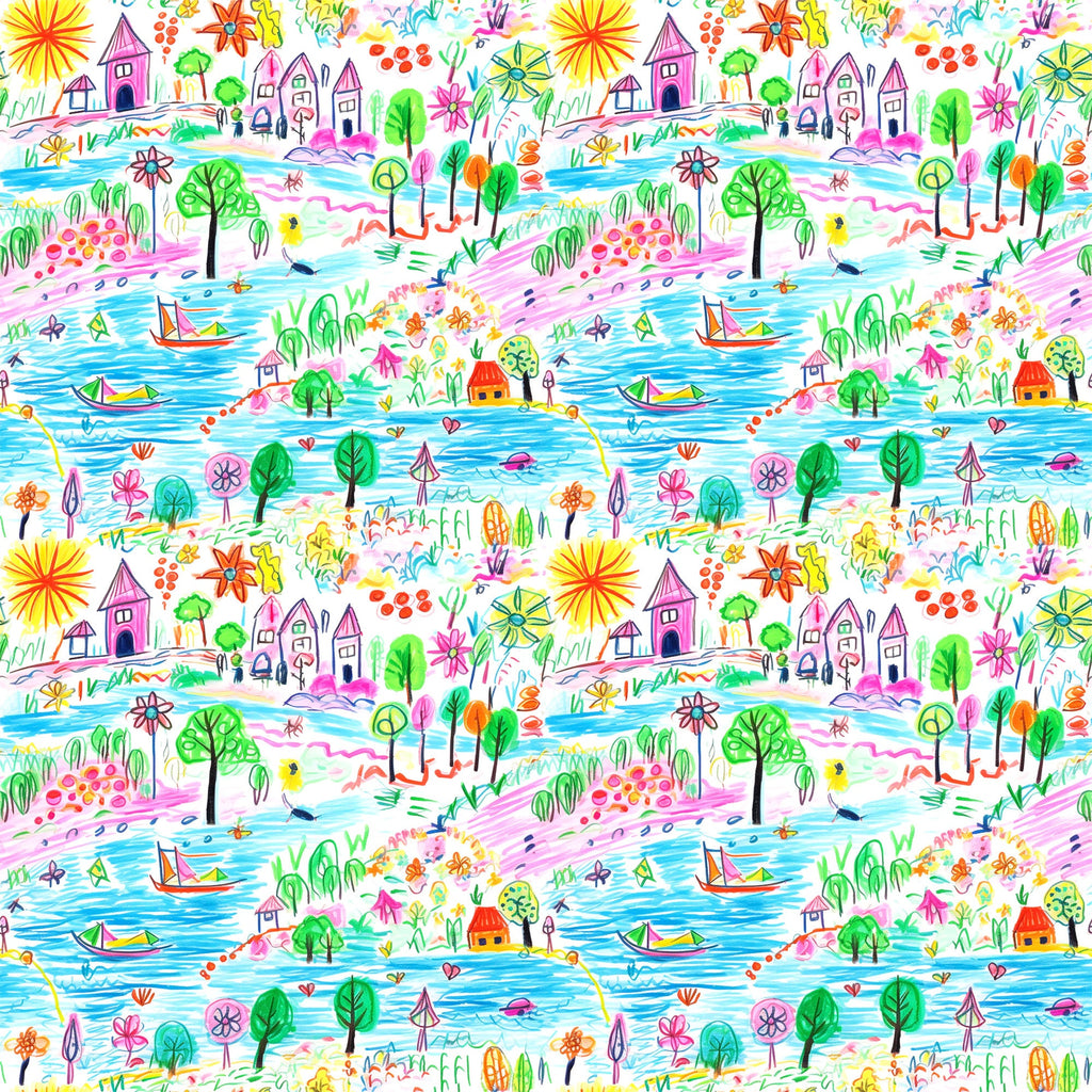 crayon drawing, child art style, whimsical landscape, bright colors, rainbow palette, houses, trees, boats, flowers, sun, water scene, playful design,, repeating pattern, colorful illustration, naive art, 童趣风格, fabric panel, cheerful motifs, nature elements