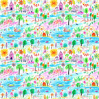 crayon drawing, child art style, whimsical landscape, bright colors, rainbow palette, houses, trees, boats, flowers, sun, water scene, playful design,, repeating pattern, colorful illustration, naive art, 童趣风格, fabric panel, cheerful motifs, nature elements