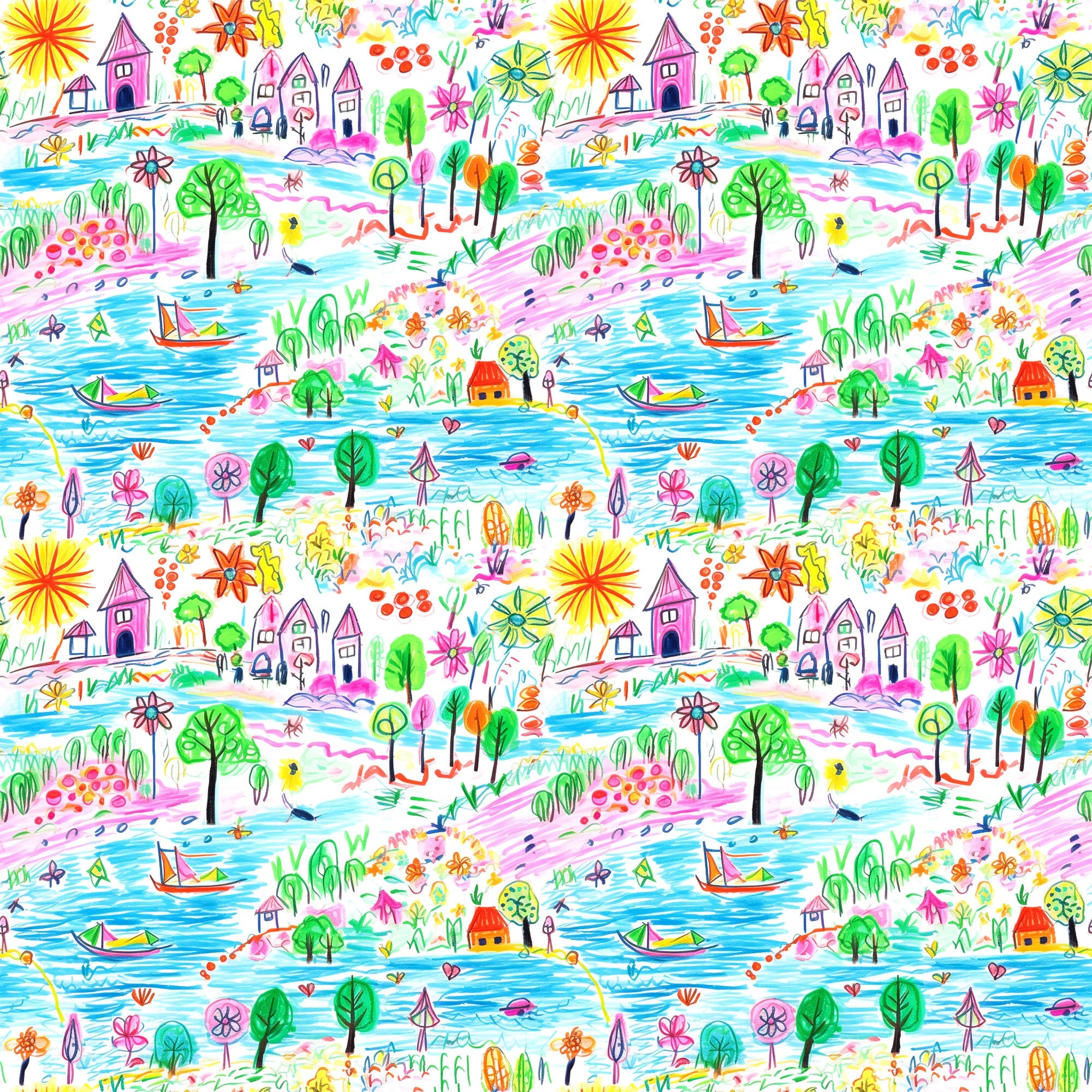 crayon drawing, child art style, whimsical landscape, bright colors, rainbow palette, houses, trees, boats, flowers, sun, water scene, playful design,, repeating pattern, colorful illustration, naive art, 童趣风格, fabric panel, cheerful motifs, nature elements